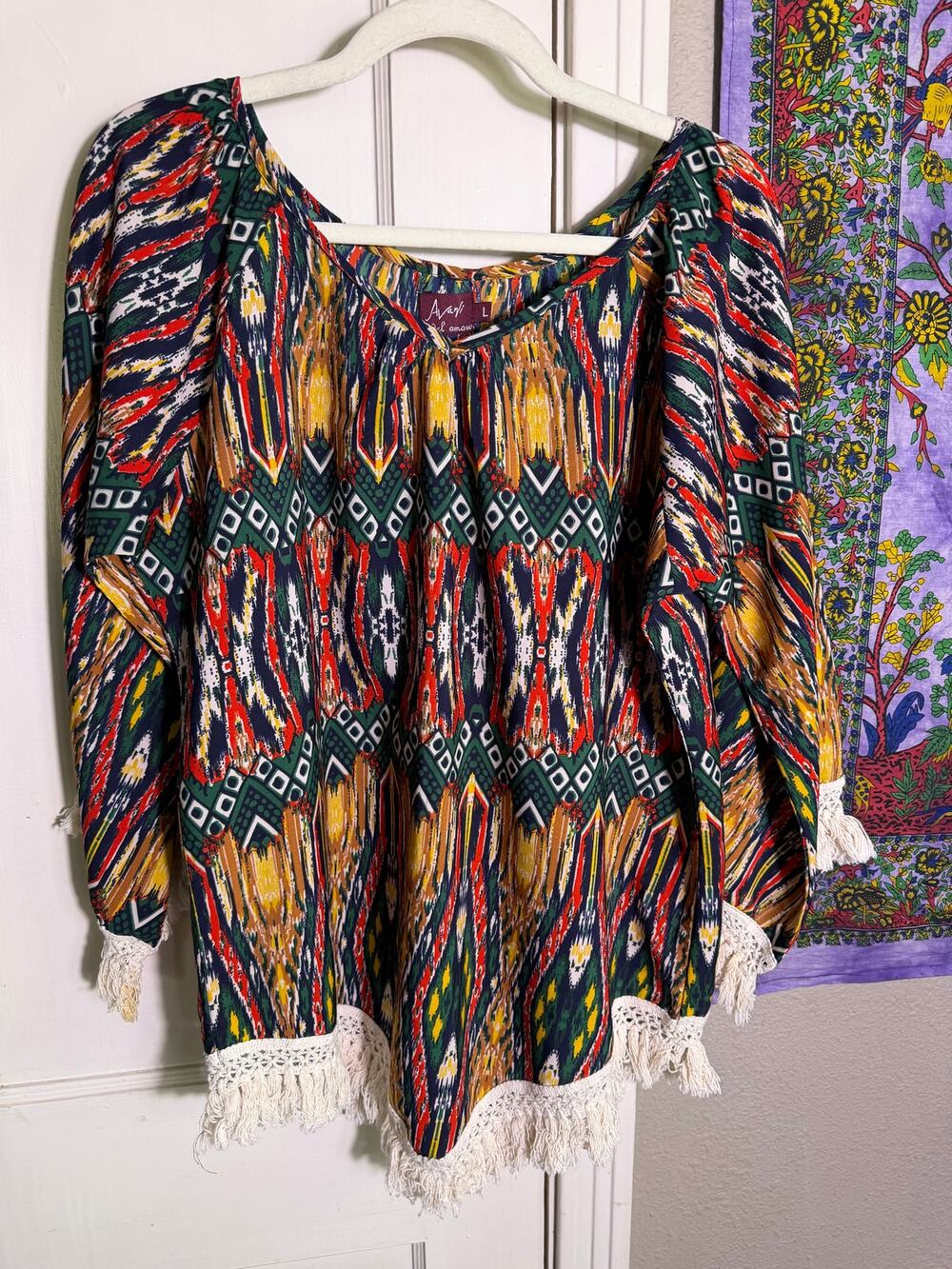 Avani Del Amour Womens L Boho Ikat Print Fringe Tunic Blouse Peasant Top